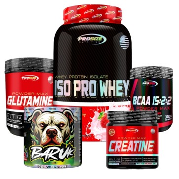 Kit Ganho de Massa III: Iso Whey 900g (morango) + Creatina 250g + Baruk + Glutamina 500g + BCAA